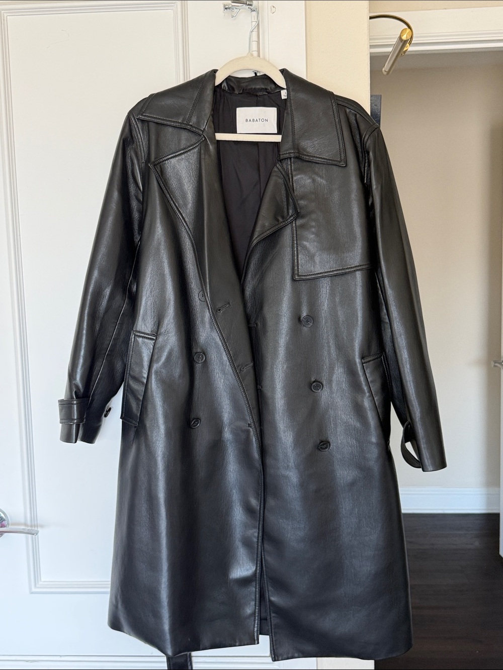Babaton Black Faux Leather Double-Breasted Trench